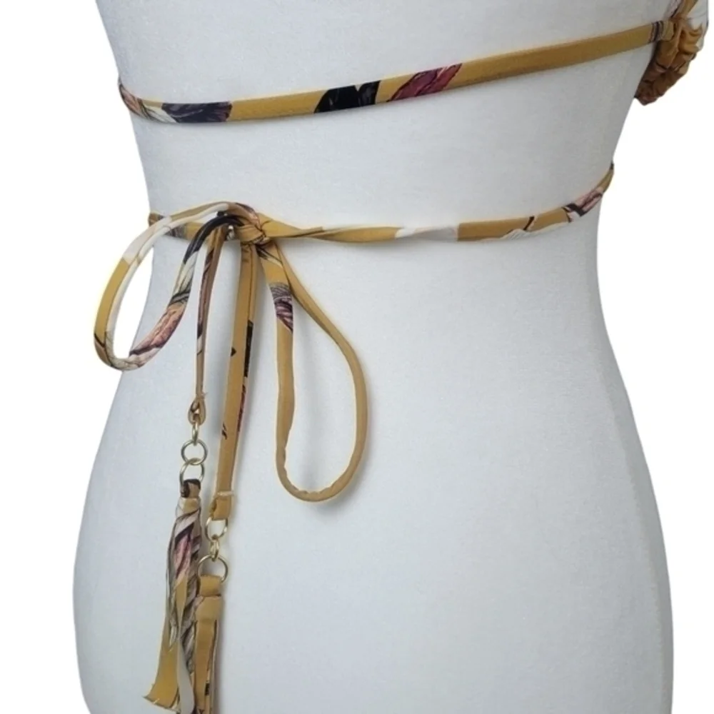 BCBG‎ MAXAZRIA Bikini Bra Top Size 2 Gold Strappy Halter Tri Tie Floral Swimsuit